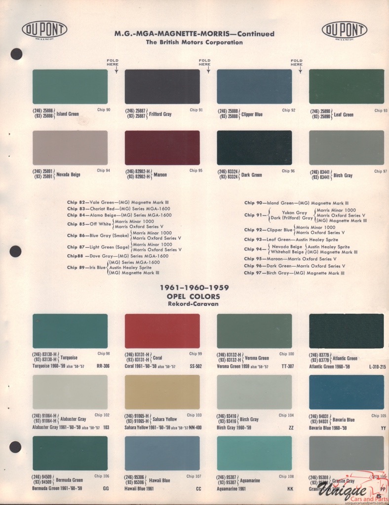 1959-1961 Opel Paint Charts DuPont